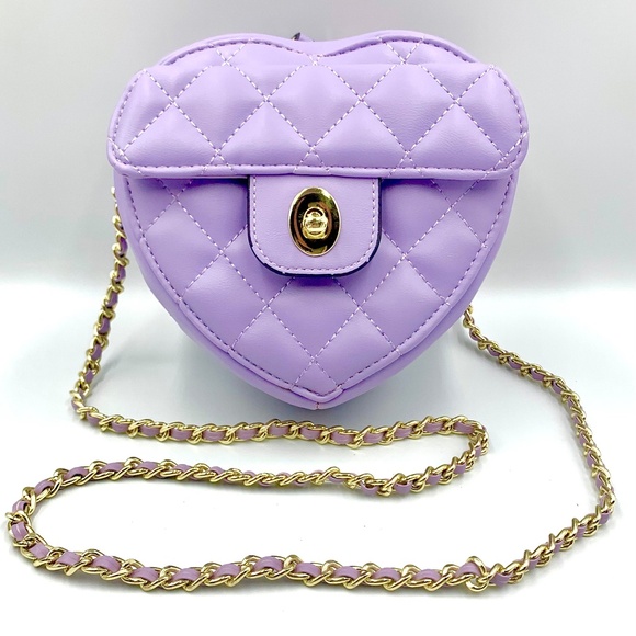 Fashion Handbags - Purple quilted heart shape crossbody/shoulder bag gold-tone chain zipper closure